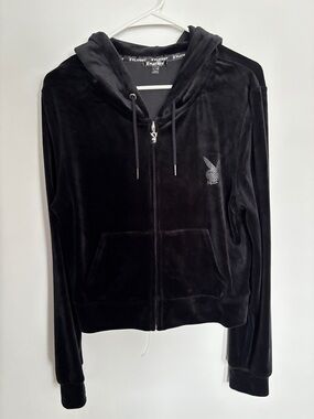 PLAYBOY Black Velour Zip-Up Hoodie Jacket